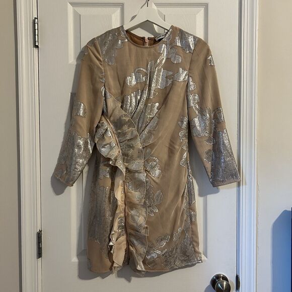 Self Portrait Dress Metallic Fil Coupe Ruffle Mini Beige Tan Silver Cocktail 4 - Picture 3 of 15